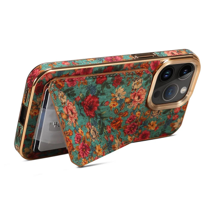 For iPhone 15 Pro Max Card Slots Kickstand Phone Case PU Leather Coated PC+TPU Flower Pattern Printed Cover - Blue - 5