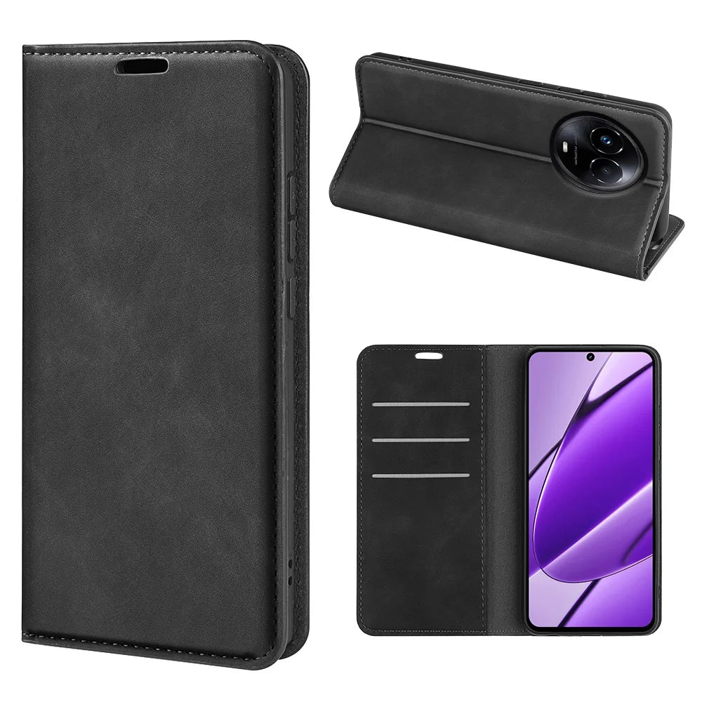 For Realme 11x 5G / 11 5G (Global) Slim-Fit Shell Skin-touch Wallet Phone Cover Stand PU Leather Cell Phone Case - Black - 6