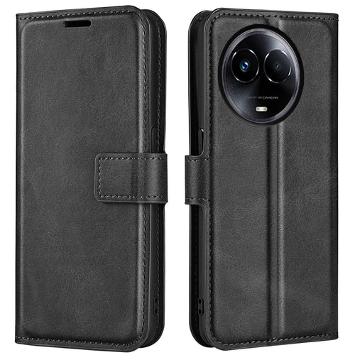 For Realme 11x 5G / 11 5G (Global) Phone Case Wallet Stand PU Leather Shell Calf Texture Full Protection Phone Cover - Black - 1