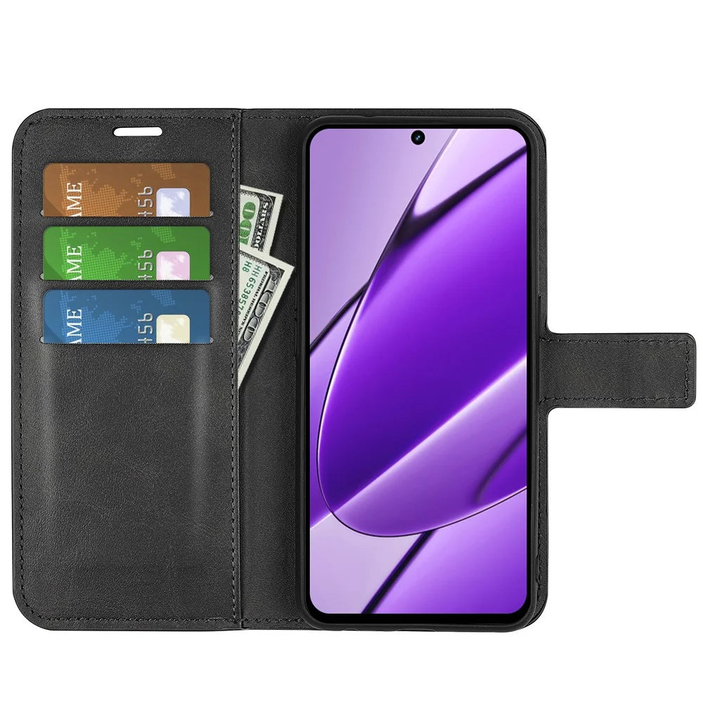 For Realme 11x 5G / 11 5G (Global) Phone Case Wallet Stand PU Leather Shell Calf Texture Full Protection Phone Cover - Black - 2