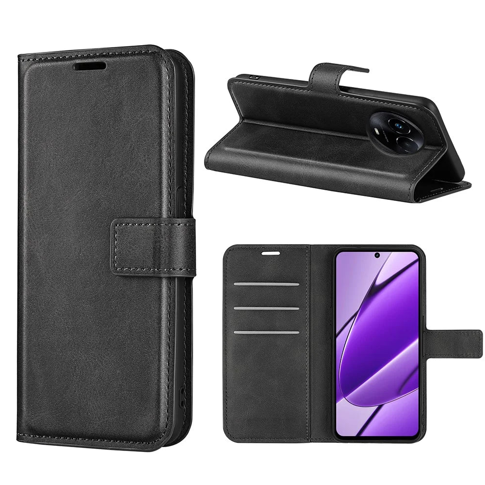 For Realme 11x 5G / 11 5G (Global) Phone Case Wallet Stand PU Leather Shell Calf Texture Full Protection Phone Cover - Black - 6