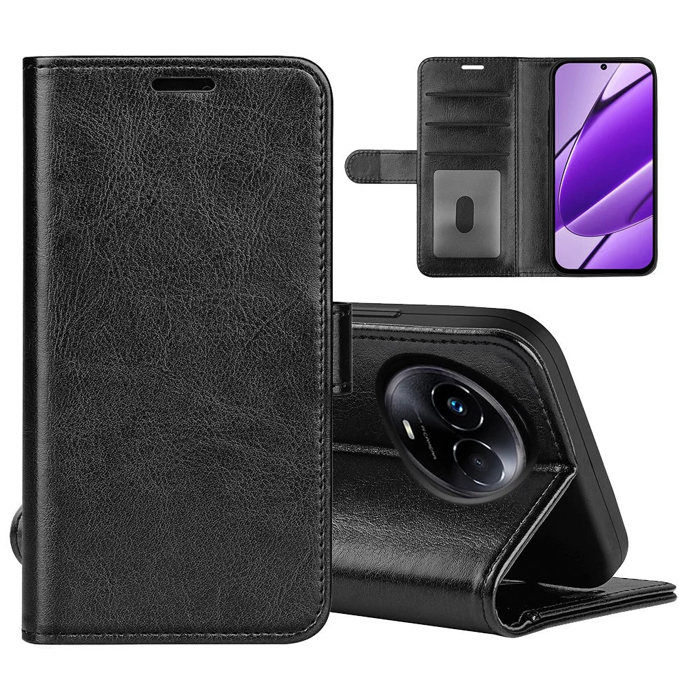 For Realme 11x 5G / 11 5G (Global) Drop Protection Phone Shell Wallet Case Crazy Horse Texture PU Leather Stand Cover - Black - 6