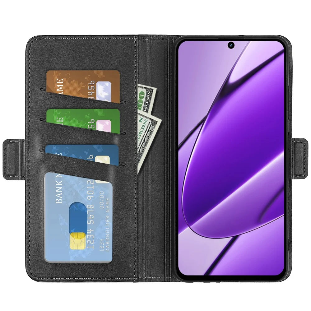Wallet Leather Phone Cover for Realme 11x 5G / 11 5G (Global) , Anti-Scratch Shell Calf Texture Mobile Phone Stand Case - Black - 2