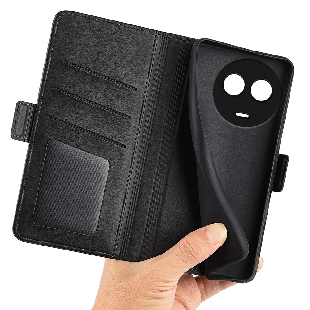 Wallet Leather Phone Cover for Realme 11x 5G / 11 5G (Global) , Anti-Scratch Shell Calf Texture Mobile Phone Stand Case - Black - 4