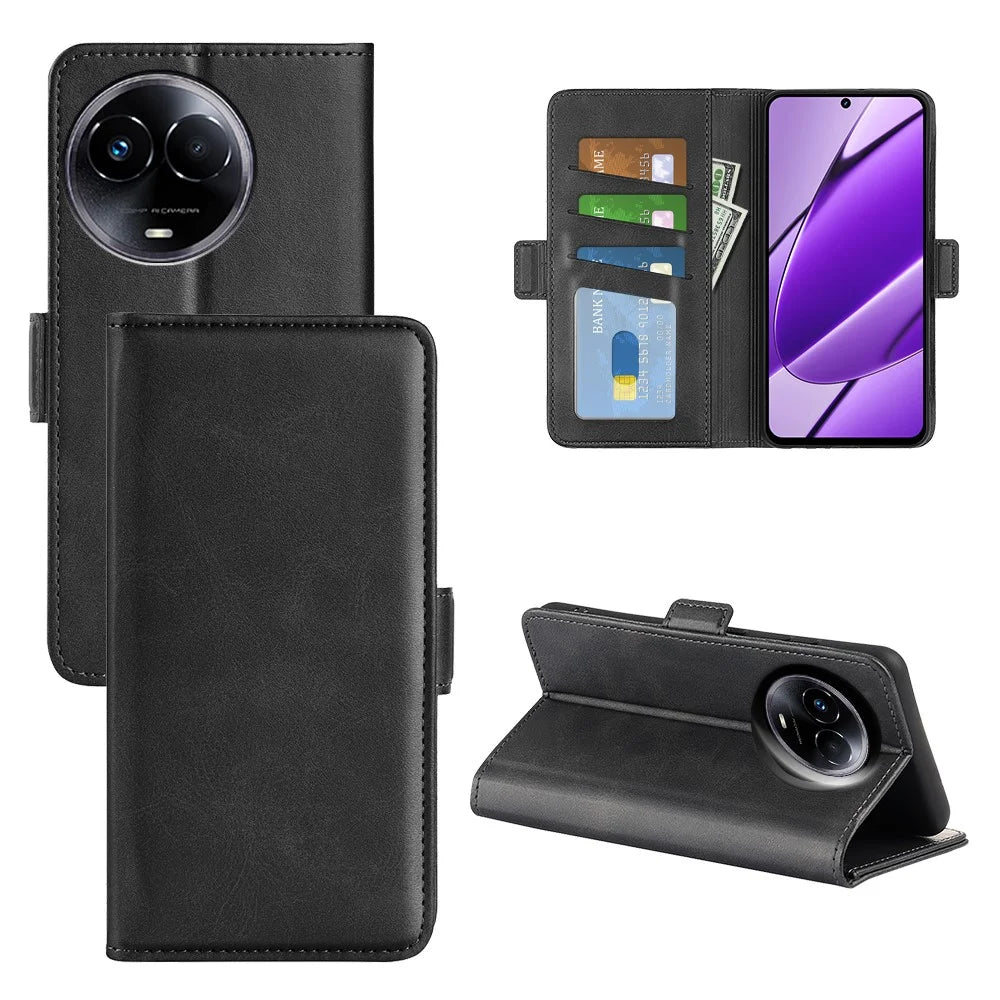 Wallet Leather Phone Cover for Realme 11x 5G / 11 5G (Global) , Anti-Scratch Shell Calf Texture Mobile Phone Stand Case - Black - 6