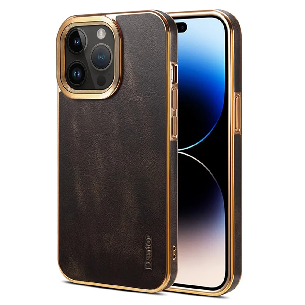 DENIOR For iPhone 15 Pro Waxy Textured Phone Case Genuine Cow Leather+PC+TPU Electroplating Cover - Black - 1