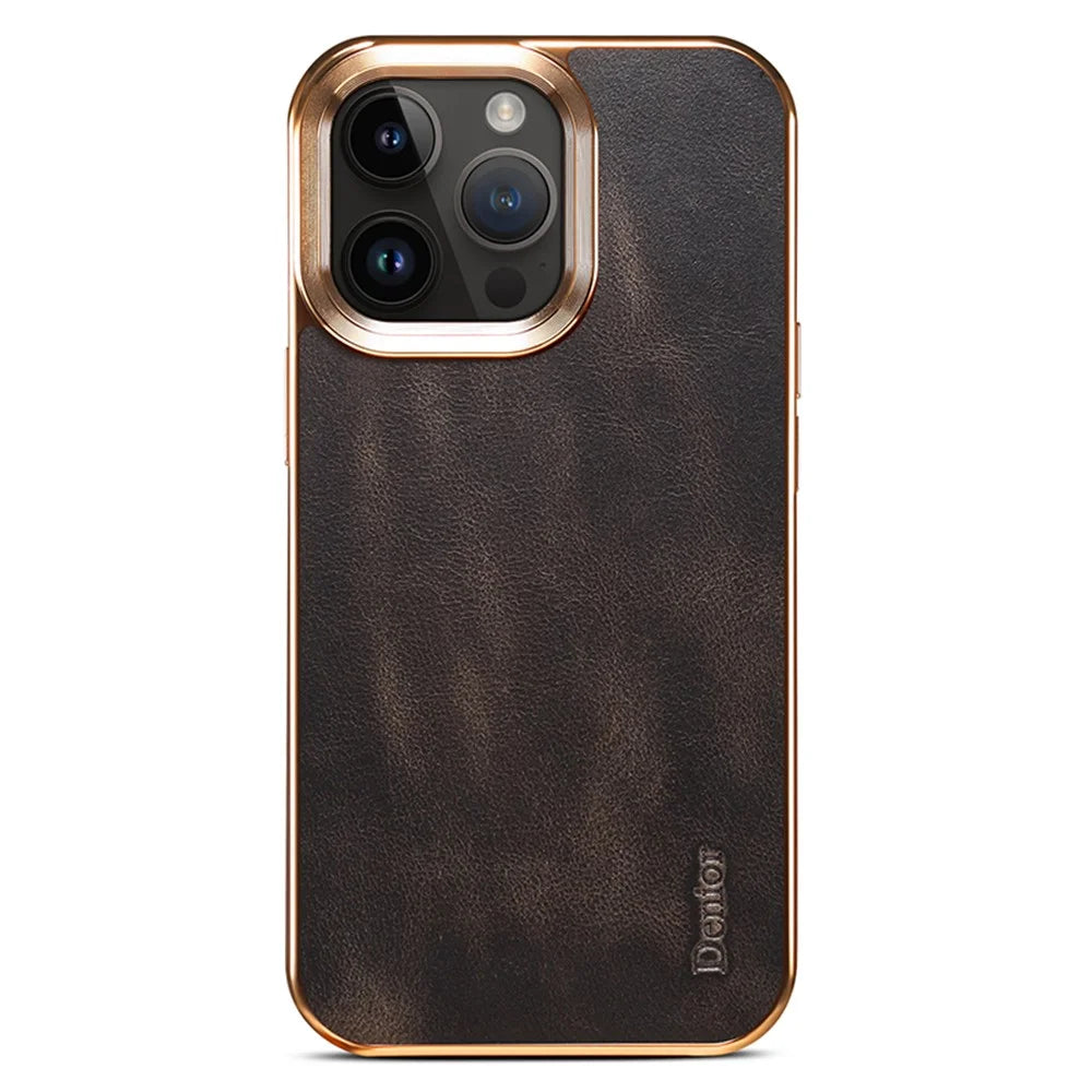 DENIOR For iPhone 15 Pro Waxy Textured Phone Case Genuine Cow Leather+PC+TPU Electroplating Cover - Black - 2