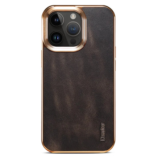 DENIOR For iPhone 15 Pro Waxy Textured Phone Case Genuine Cow Leather+PC+TPU Electroplating Cover - Black - 2