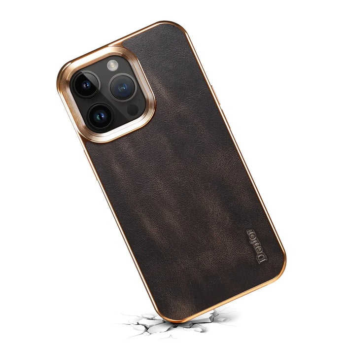 DENIOR For iPhone 15 Pro Waxy Textured Phone Case Genuine Cow Leather+PC+TPU Electroplating Cover - Black - 3