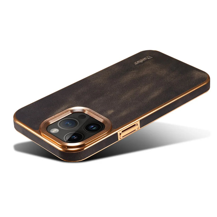 DENIOR For iPhone 15 Pro Waxy Textured Phone Case Genuine Cow Leather+PC+TPU Electroplating Cover - Black - 4