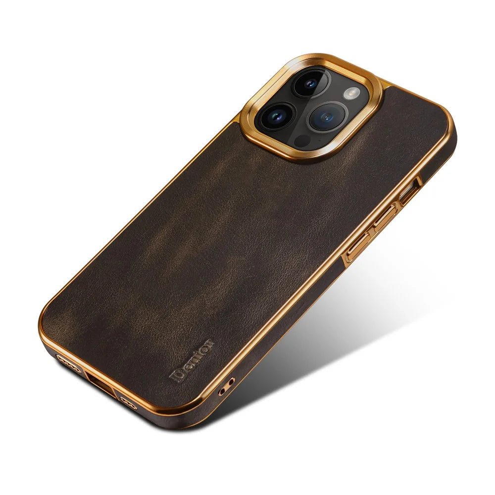 DENIOR For iPhone 15 Pro Waxy Textured Phone Case Genuine Cow Leather+PC+TPU Electroplating Cover - Black - 5