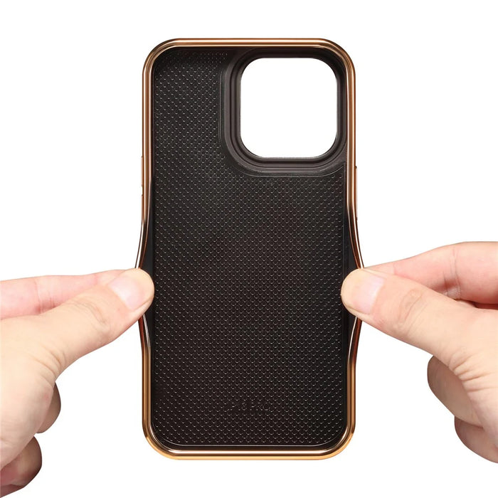 DENIOR For iPhone 15 Pro Waxy Textured Phone Case Genuine Cow Leather+PC+TPU Electroplating Cover - Black - 6