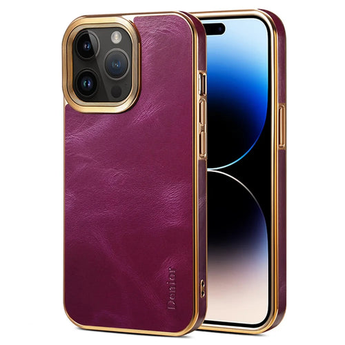 DENIOR For iPhone 15 Pro Max Waxy Genuine Cow Leather+PC+TPU Phone Case Electroplated Back Cover - Purple - 1