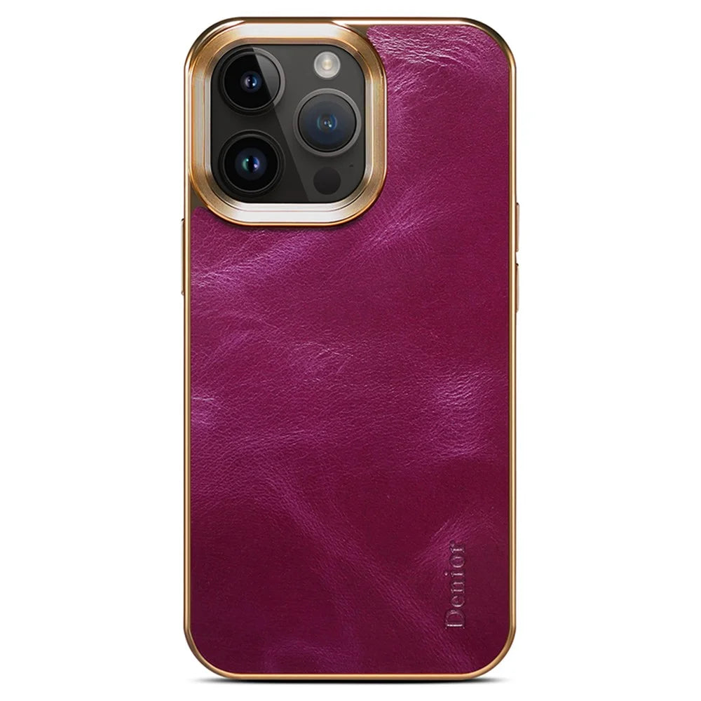 DENIOR For iPhone 15 Pro Max Waxy Genuine Cow Leather+PC+TPU Phone Case Electroplated Back Cover - Purple - 2