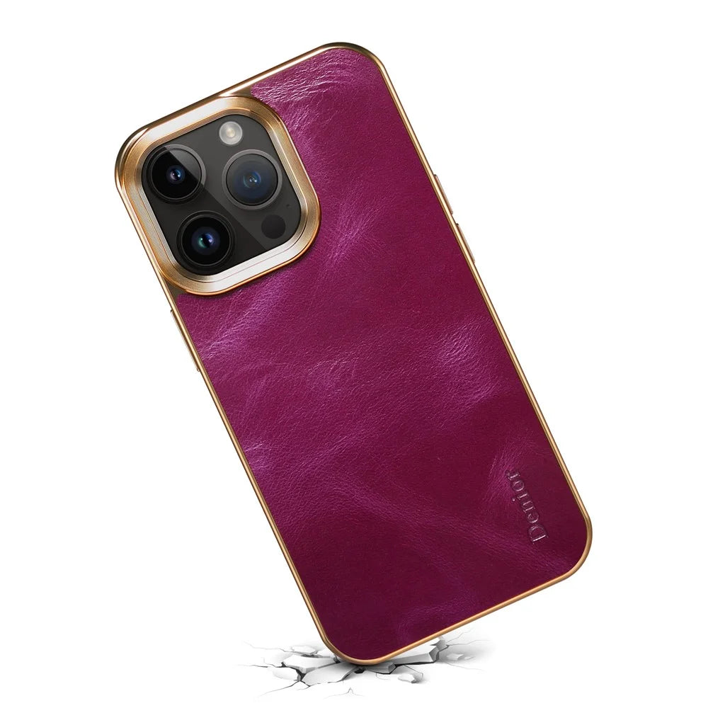 DENIOR For iPhone 15 Pro Max Waxy Genuine Cow Leather+PC+TPU Phone Case Electroplated Back Cover - Purple - 3