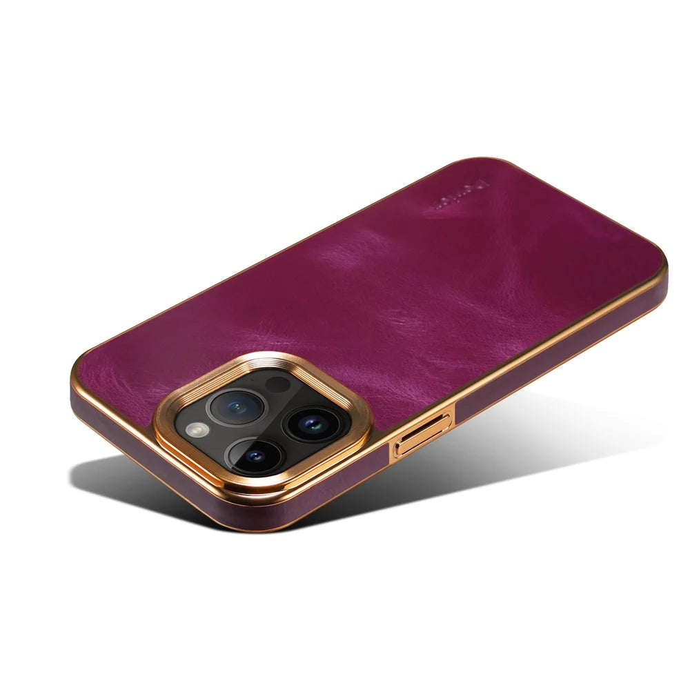 DENIOR For iPhone 15 Pro Max Waxy Genuine Cow Leather+PC+TPU Phone Case Electroplated Back Cover - Purple - 4