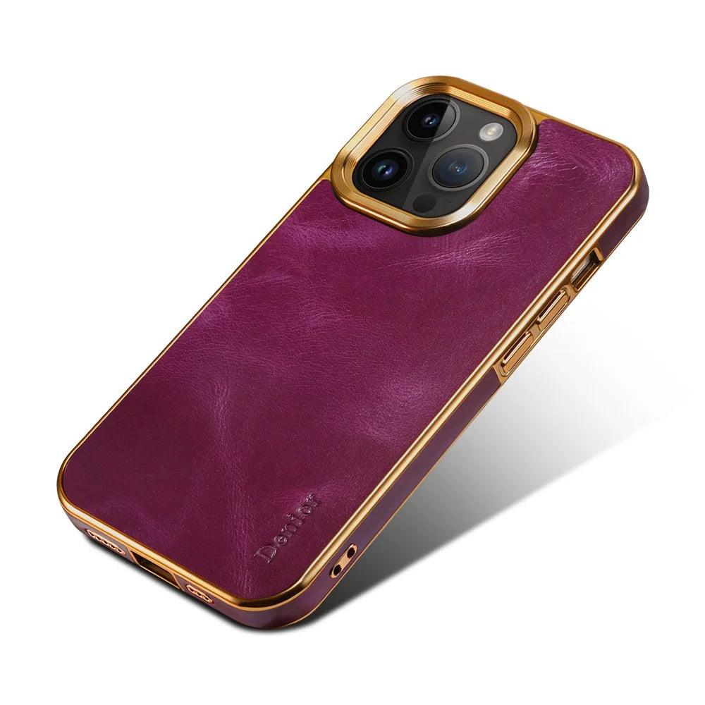 DENIOR For iPhone 15 Pro Max Waxy Genuine Cow Leather+PC+TPU Phone Case Electroplated Back Cover - Purple - 5