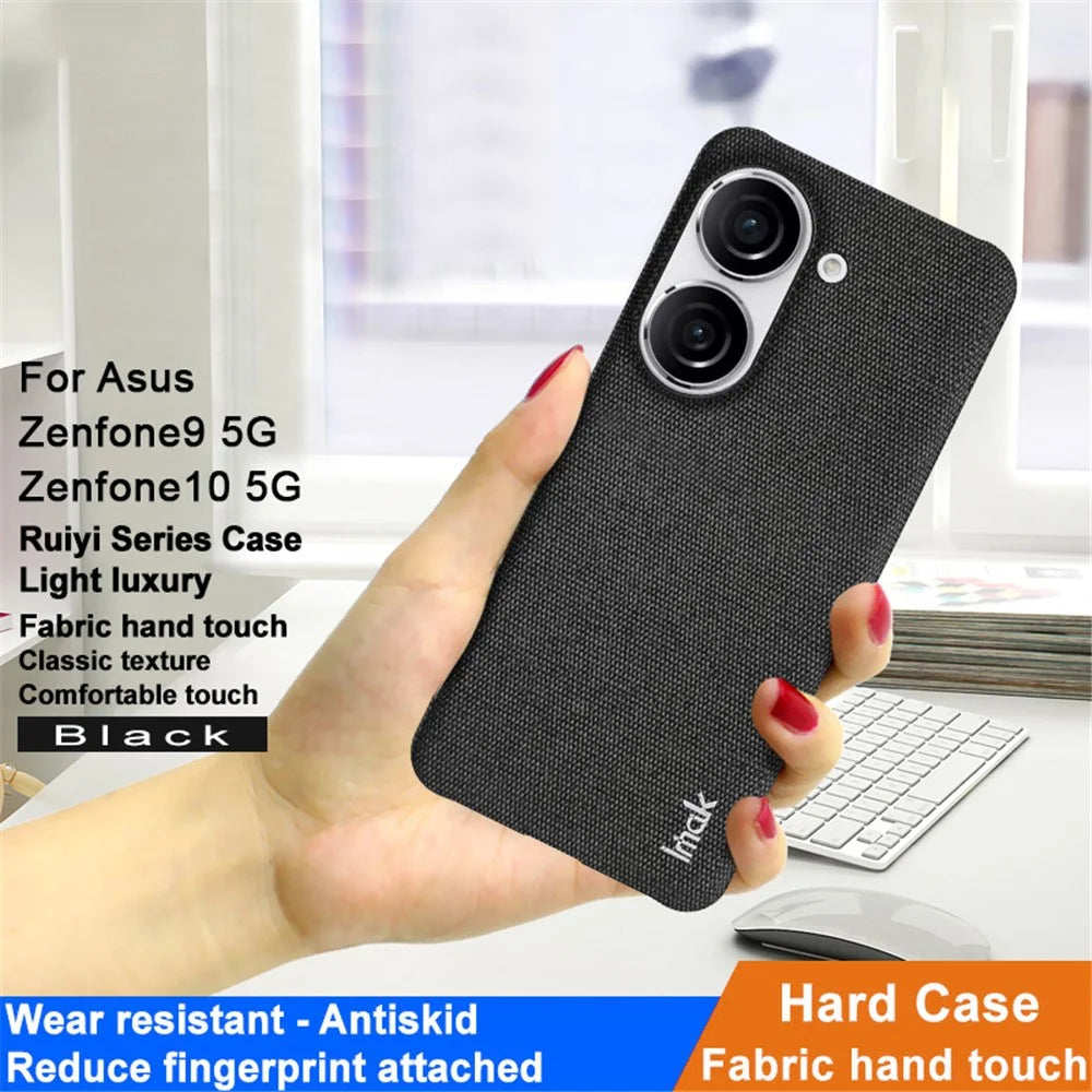 IMAK Ruiyi Series for Asus Zenfone 9 5G / Zenfone 10 5G Cloth Texture Phone Case PU Leather Coated PC Cover - Black - 2