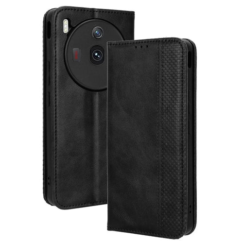 For ZTE nubia Z50S Pro 5G Retro Texture Wallet Case PU Leather Stand Magnetic Flip Phone Cover - Black - 1