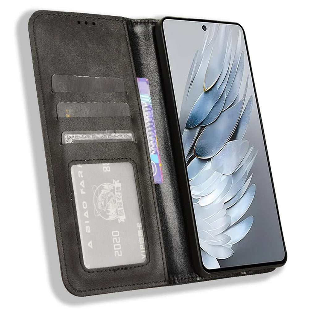 For ZTE nubia Z50S Pro 5G Retro Texture Wallet Case PU Leather Stand Magnetic Flip Phone Cover - Black - 2