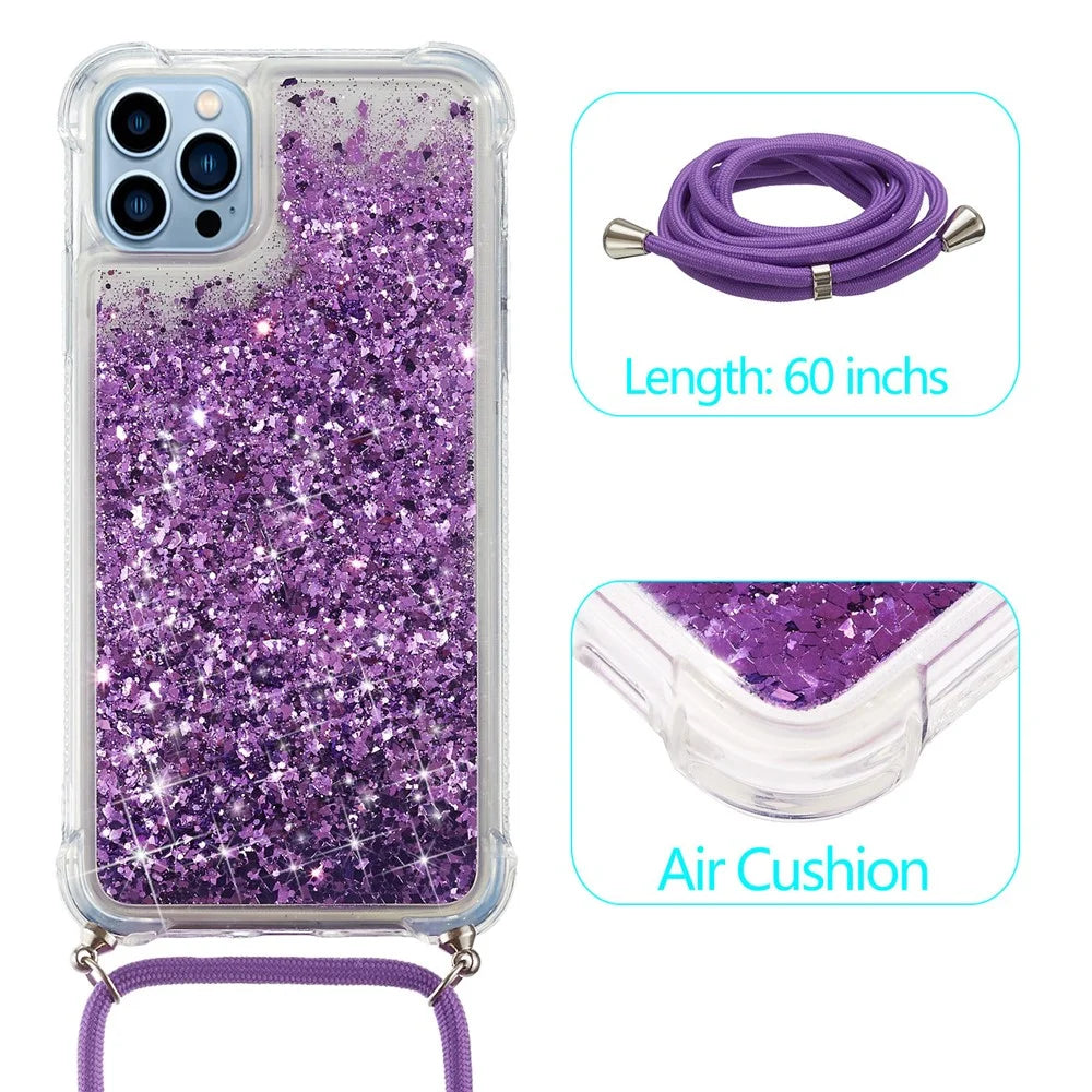 For iPhone 15 Pro Max Mobile Phone Cover Liquid Sequins Case TPU Cell Phone Shell with Long Strap - Purple - 2