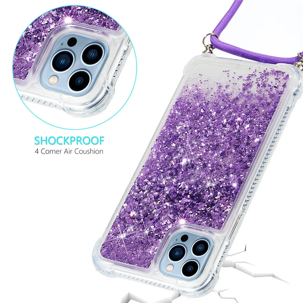 For iPhone 15 Pro Max Mobile Phone Cover Liquid Sequins Case TPU Cell Phone Shell with Long Strap - Purple - 3
