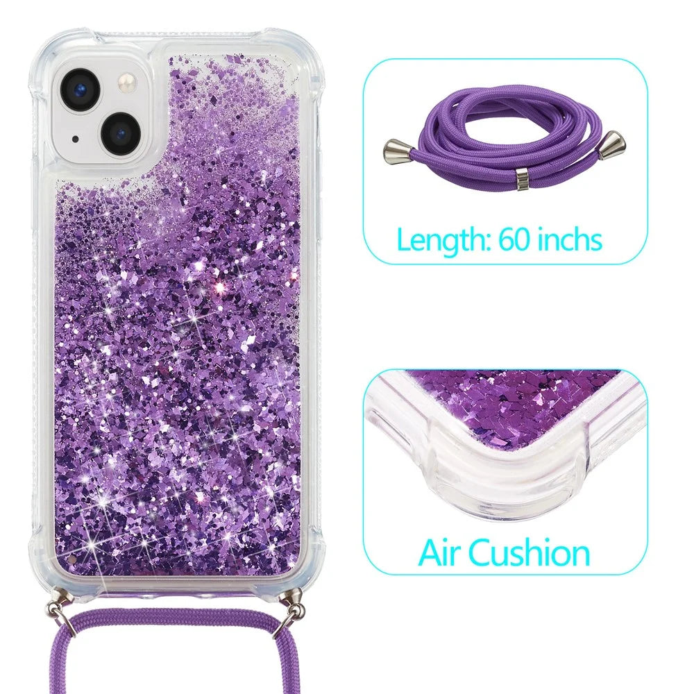 Mobile Phone Cover For iPhone 15 , Liquid Sequins Case TPU Cell Phone Shell with Long Strap - Purple - 2