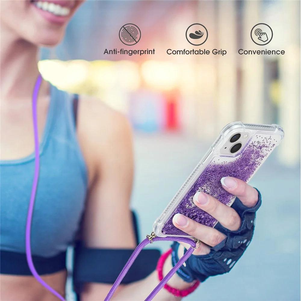 Mobile Phone Cover For iPhone 15 , Liquid Sequins Case TPU Cell Phone Shell with Long Strap - Purple - 4