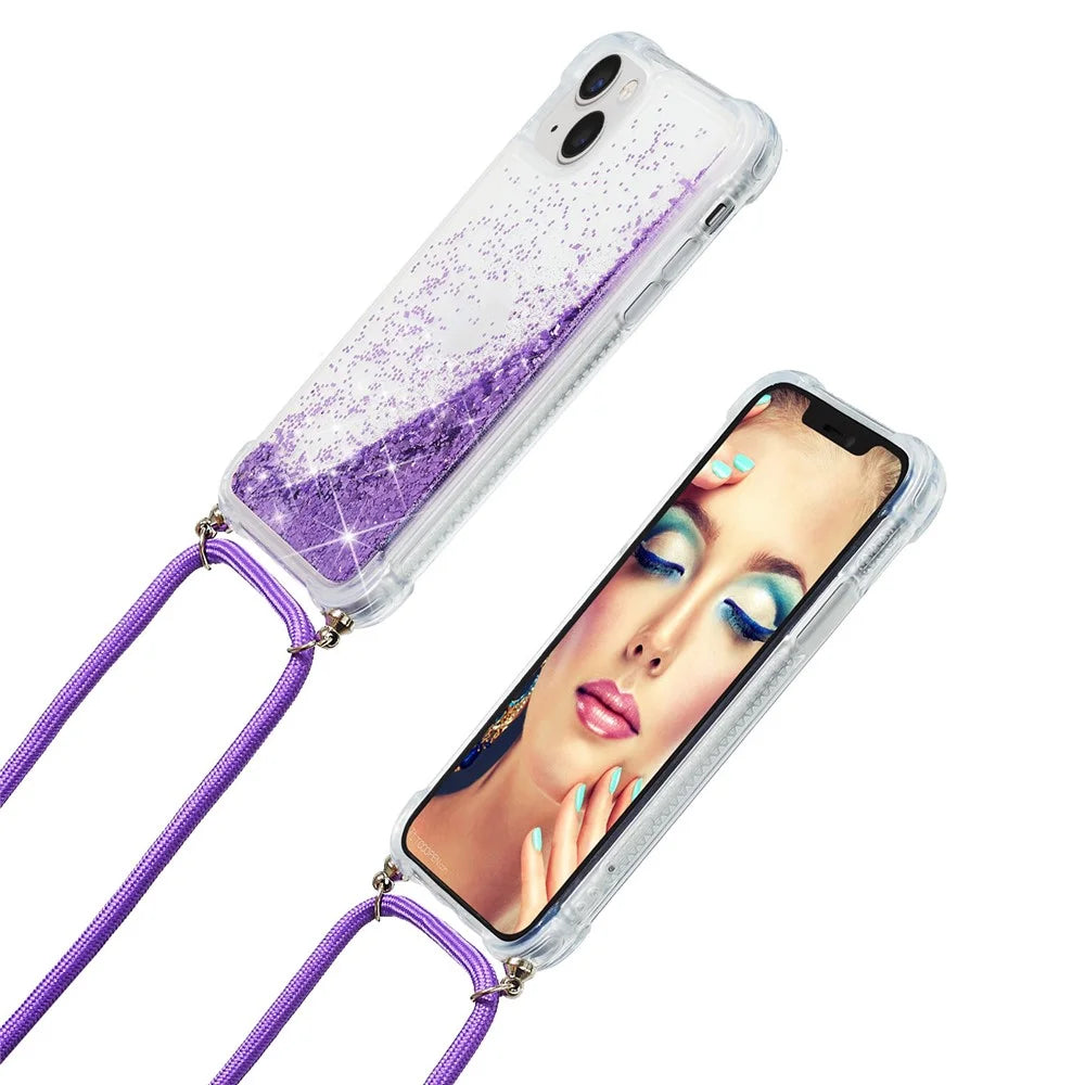 Mobile Phone Cover For iPhone 15 , Liquid Sequins Case TPU Cell Phone Shell with Long Strap - Purple - 5