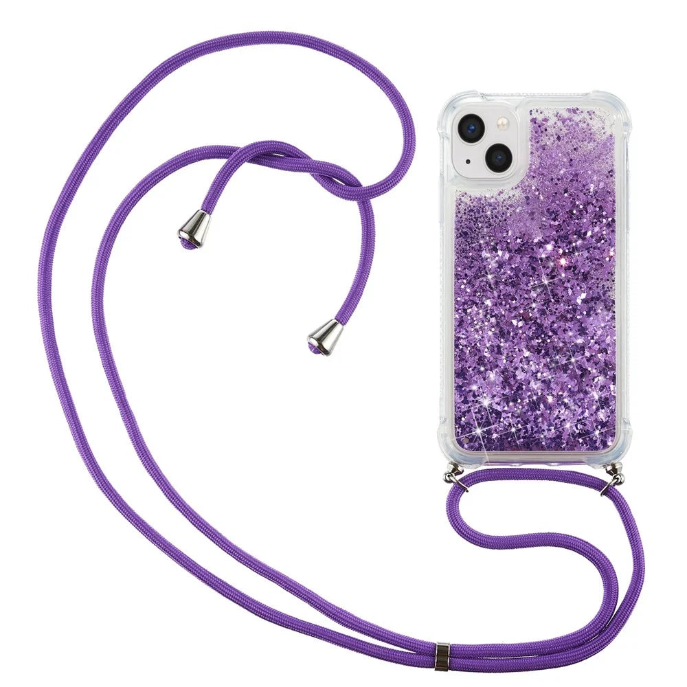 For iPhone 15 Plus TPU Cell Phone Case Mobile Phone Cover Liquid Sequins Decor Shell with Long Strap - Purple - 1