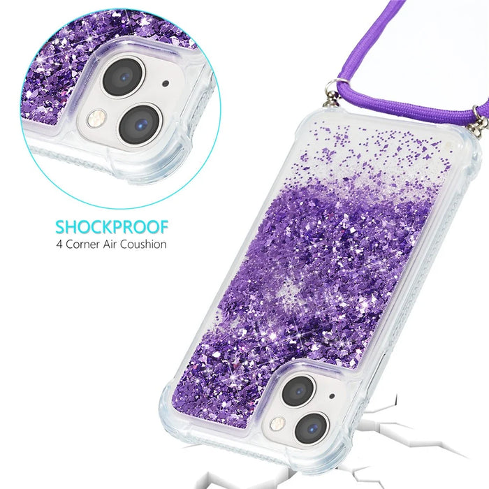 For iPhone 15 Plus TPU Cell Phone Case Mobile Phone Cover Liquid Sequins Decor Shell with Long Strap - Purple - 3