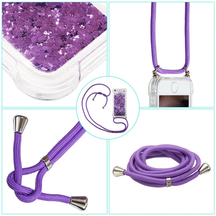 For iPhone 15 Plus TPU Cell Phone Case Mobile Phone Cover Liquid Sequins Decor Shell with Long Strap - Purple - 6