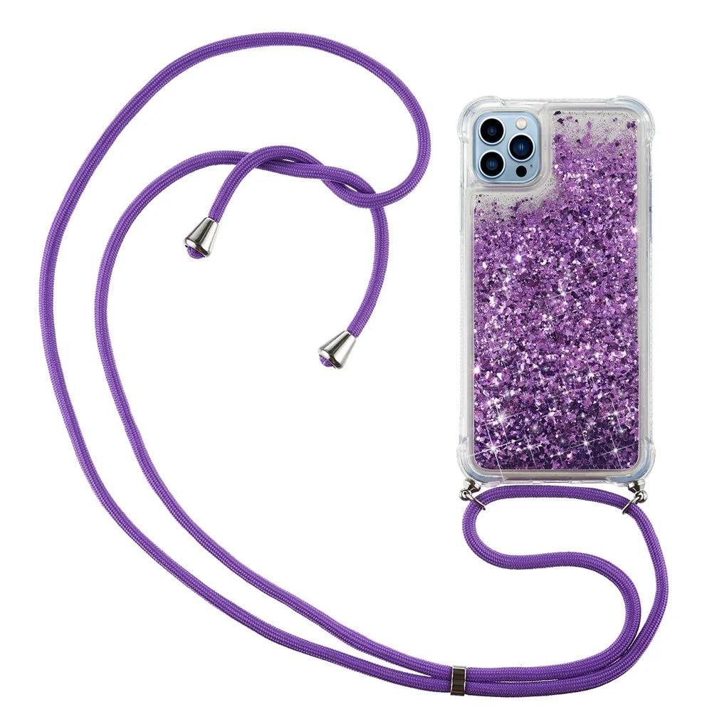 For iPhone 15 Pro Gradient Liquid Sequins Case TPU Cell Phone Cover with Long Strap - Purple - 1