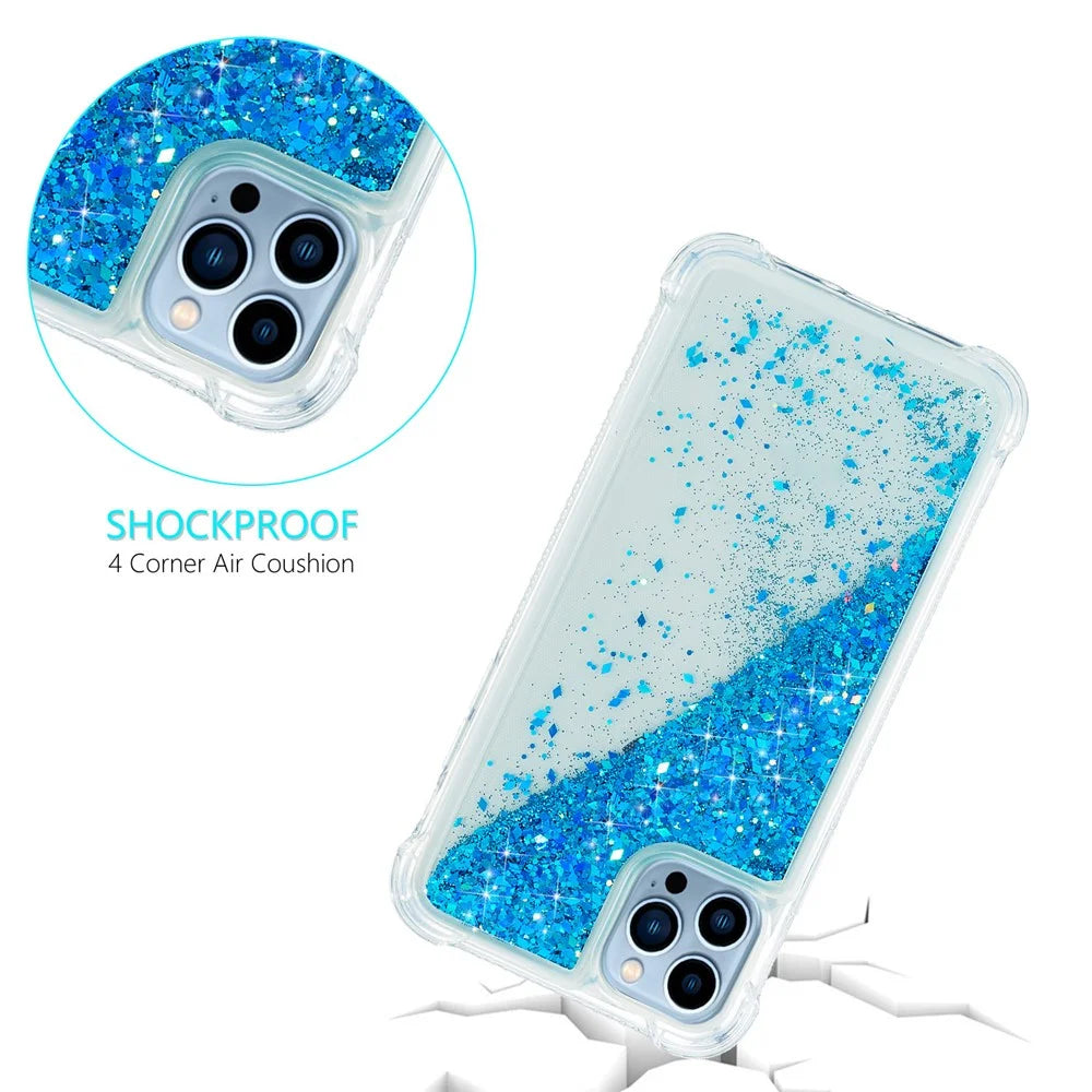For iPhone 15 Pro Max Quicksand Glitter Phone Case Reinforced Corners TPU Protective Cover - Blue - 4