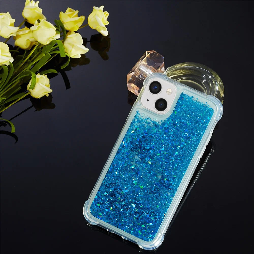 For iPhone 15 Quicksand Glitter Sequins Phone Case TPU Drop-Proof Back Cover - Blue - 6