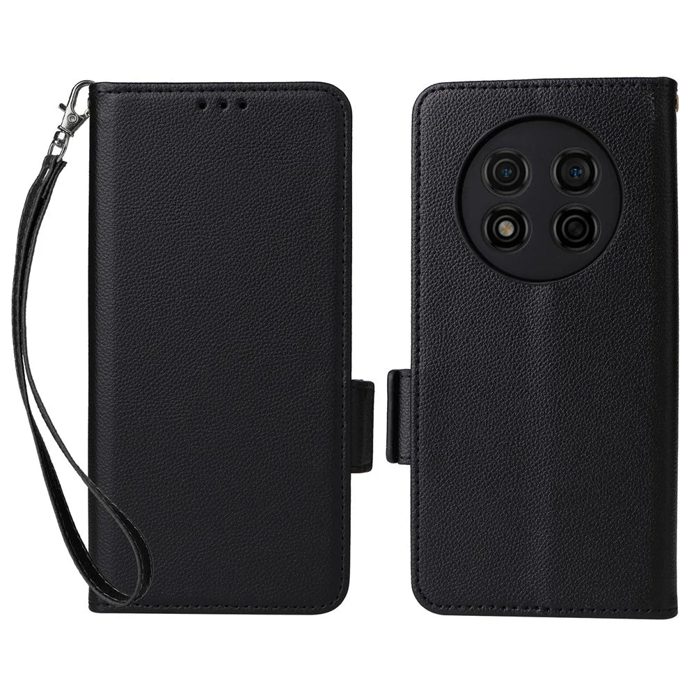 For Ulefone Note 15 Litchi Texture Phone Case PU Leather Wallet Stand Anti-Drop Cover with Strap - Black - 1