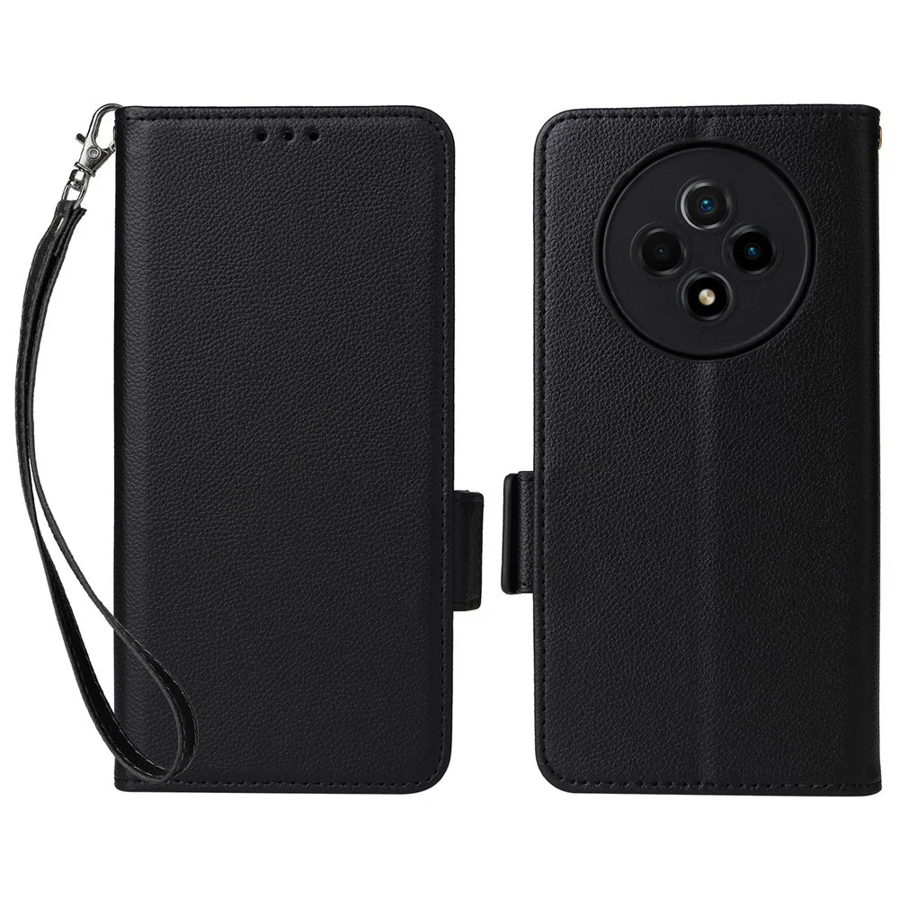 For Wiko Hi Enjoy 60 Pro 5G Wallet Phone Case Litchi Texture PU Leather Anti-Drop Stand Cover with Strap - Black - 1