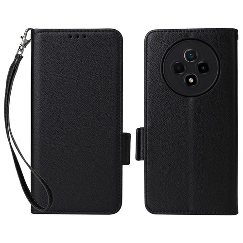 For Wiko Hi Enjoy 60 Pro 5G Wallet Phone Case Litchi Texture PU Leather Anti-Drop Stand Cover with Strap - Black - 1