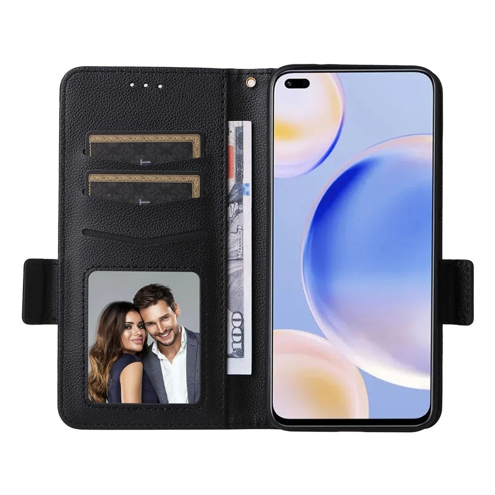 For Wiko Hi Enjoy 60 Pro 5G Wallet Phone Case Litchi Texture PU Leather Anti-Drop Stand Cover with Strap - Black - 2