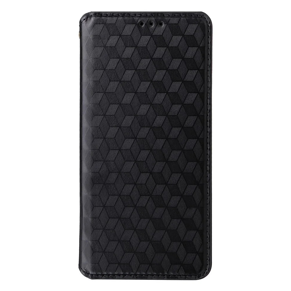 For Wiko Hi Enjoy 60 Pro 5G Wallet Phone Case Rhombus Imprinted PU Leather Folio Flip Cover - Black - 5