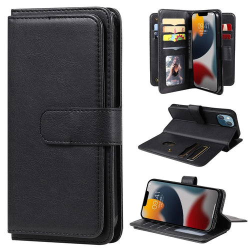 For iPhone 15 Leather Case with 10 Card Holder Phone Cover Stand - Black - 1