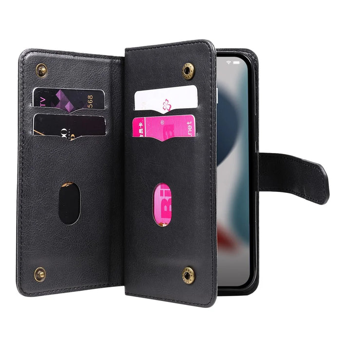For iPhone 15 Leather Case with 10 Card Holder Phone Cover Stand - Black - 2