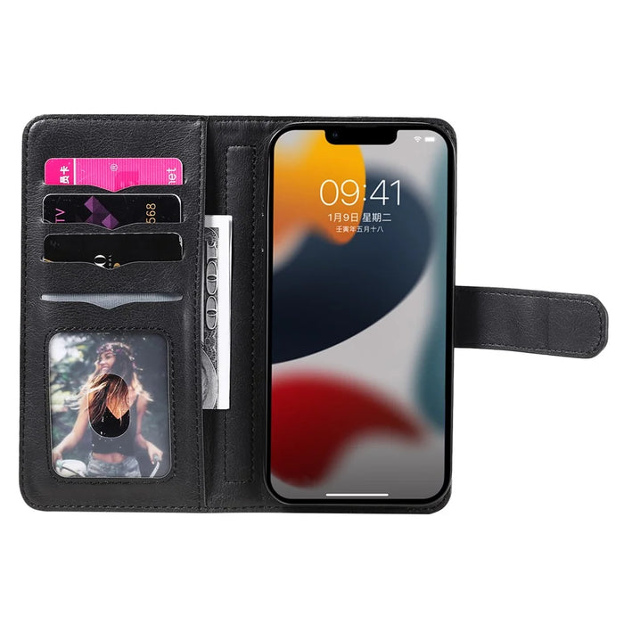 For iPhone 15 Leather Case with 10 Card Holder Phone Cover Stand - Black - 3