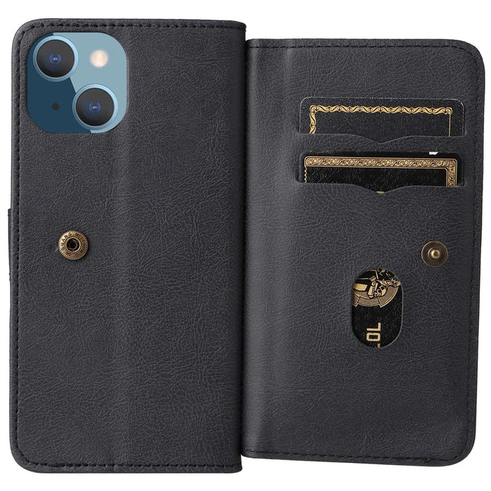 For iPhone 15 Leather Case with 10 Card Holder Phone Cover Stand - Black - 4