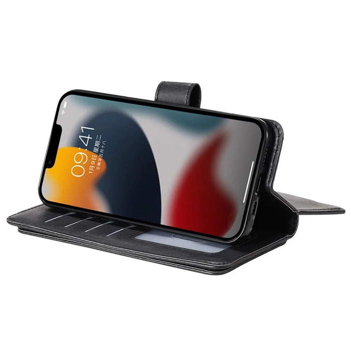 For iPhone 15 Leather Case with 10 Card Holder Phone Cover Stand - Black - 7