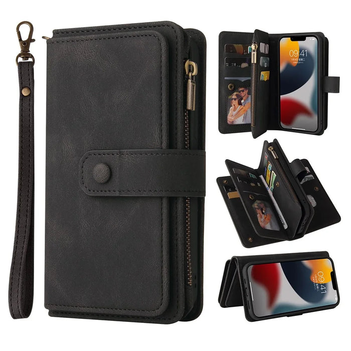 For iPhone 15 Plus Zipper Wallet Case with 15 Card Slots and Strap Leather Phone Cover - Black - 1