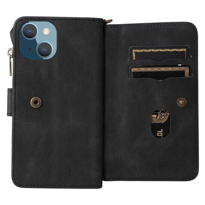 For iPhone 15 Plus Zipper Wallet Case with 15 Card Slots and Strap Leather Phone Cover - Black - 7