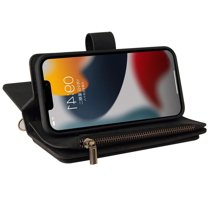 For iPhone 15 Zipper Wallet Case with 15 Card Slots and Strap Leather Phone Cover - Black - 3