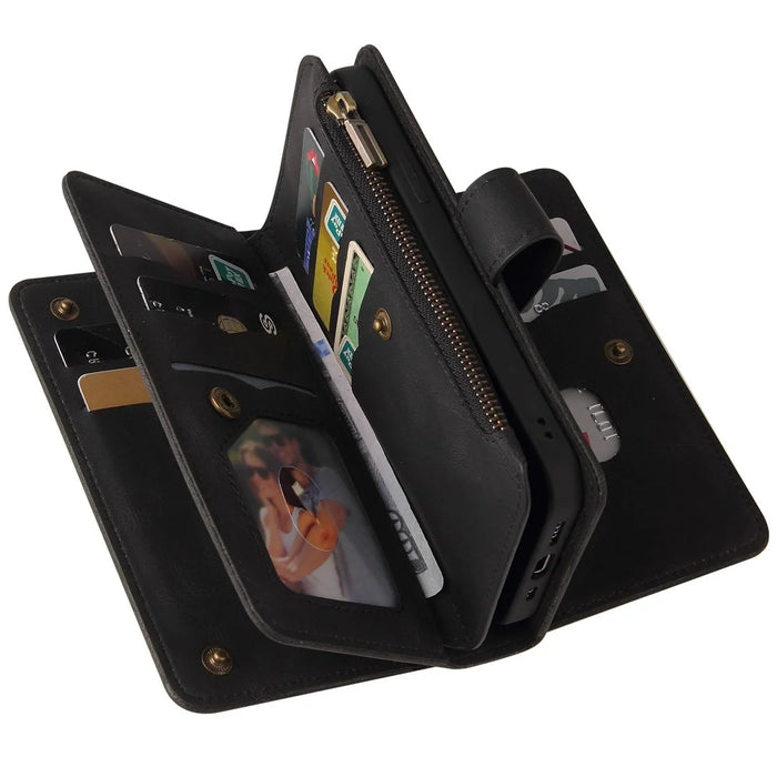 For iPhone 15 Zipper Wallet Case with 15 Card Slots and Strap Leather Phone Cover - Black - 4