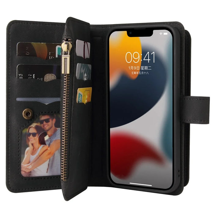 For iPhone 15 Zipper Wallet Case with 15 Card Slots and Strap Leather Phone Cover - Black - 5